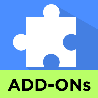 A white puzzle piece icon on a blue background sits above a green section displaying the bold black text "Book Addons. A white puzzle piece icon on a blue background sits above a green section displaying the bold black text "Book Addons.