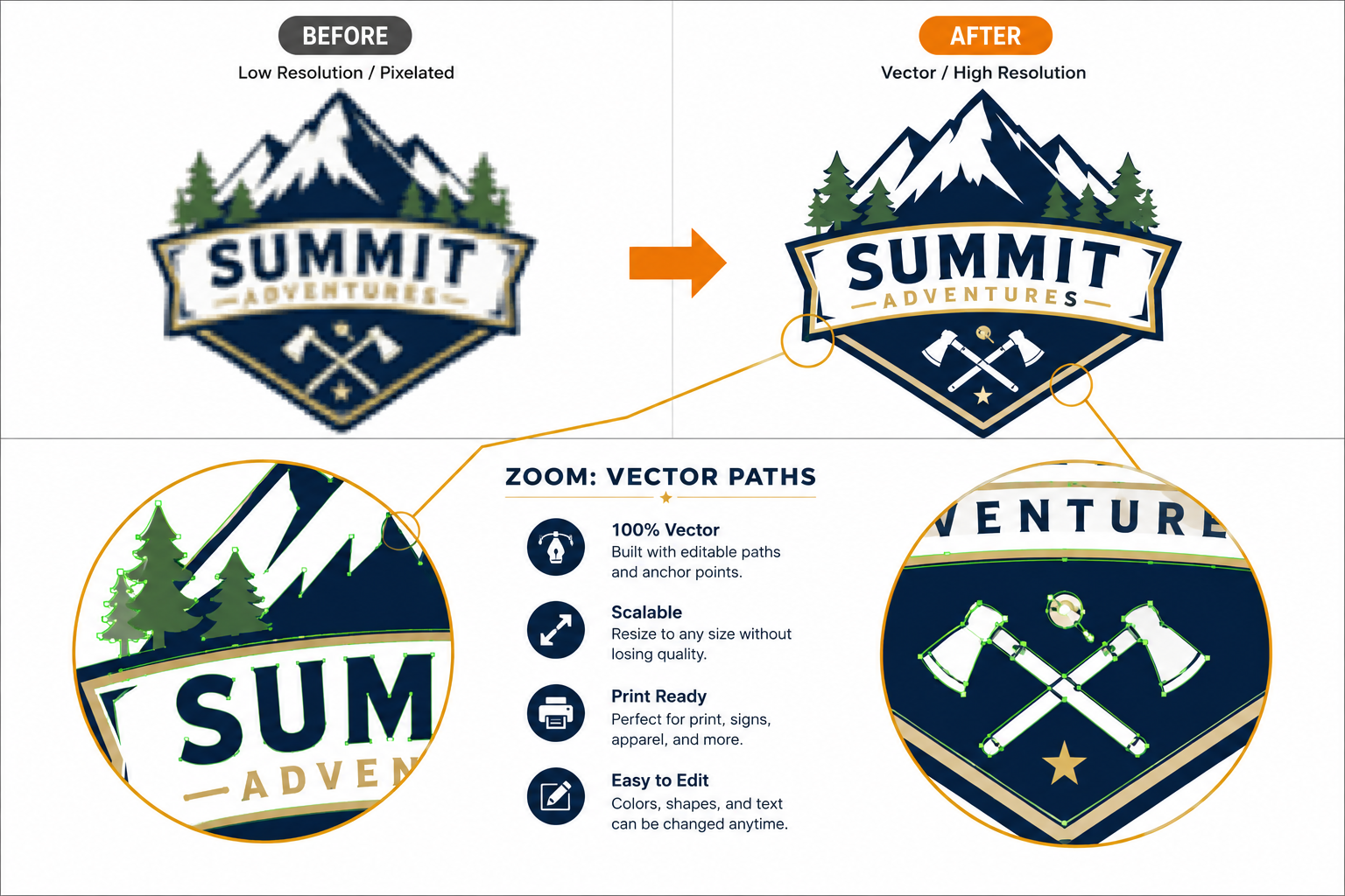 Zoomed vector logo showing editable anchor points and vector paths
