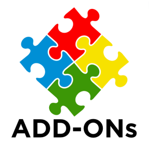 A logo with four interlocking puzzle pieces in blue, red, yellow, and green forms a diamond shape above the bold black text "Website Addons".
